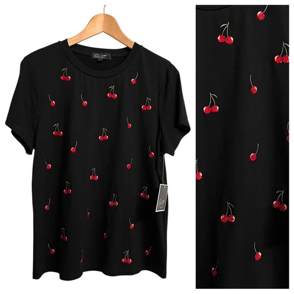 On Twelfth Cherry Rhinestone Print Black T-Shirt Size Large New With Tags - Picture 1 of 7